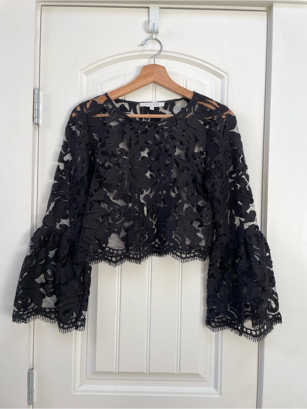 Alexis Black Floral Lace Bell-Sleeve Crop Top